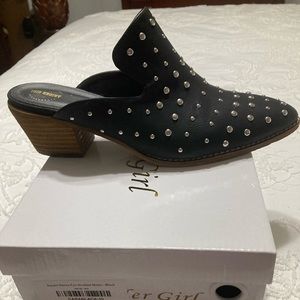 A Rider Girl Studded Mules, size 10, 2 inch heel, worn once.